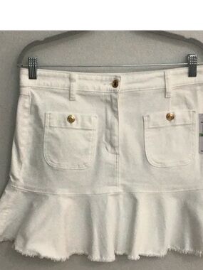 Michael Kors White  Denim Ruffle Hem Mini Skirt with Golld Buttons